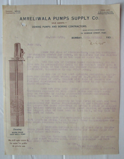 India 1939 advertzements etc for DEMING WELL PUMPS