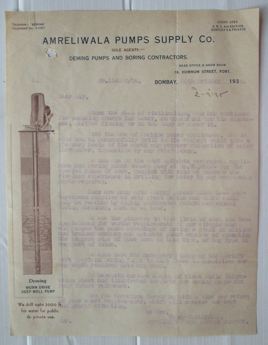 India 1939 advertzements etc for DEMING WELL PUMPS