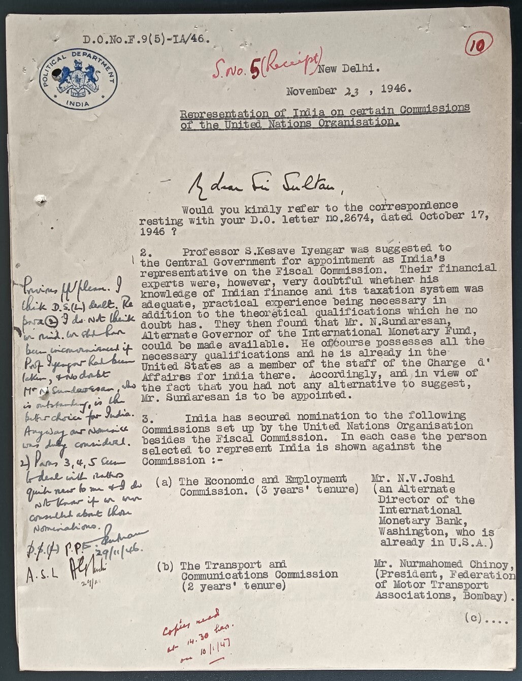 India 1946 off crested letters - Representation of India at the United Nations