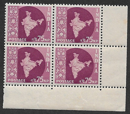 India 1957 Map 75np block of 4 MNH. Phila 2000.- SG £11.00