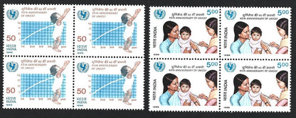 India 1986 UNICEF set of 2 MNH blocks of 4