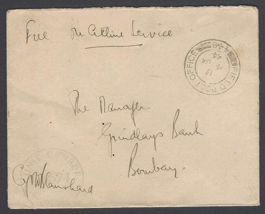 AOP India WW2 1944 On Active Service cover FPO 449 & Unit Censor