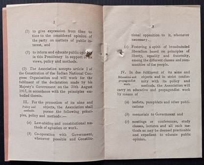 THE WESTERN INDIA LIBERAL ASSOCIATION CONSTITUTION & RULES 1919 12 page booklet