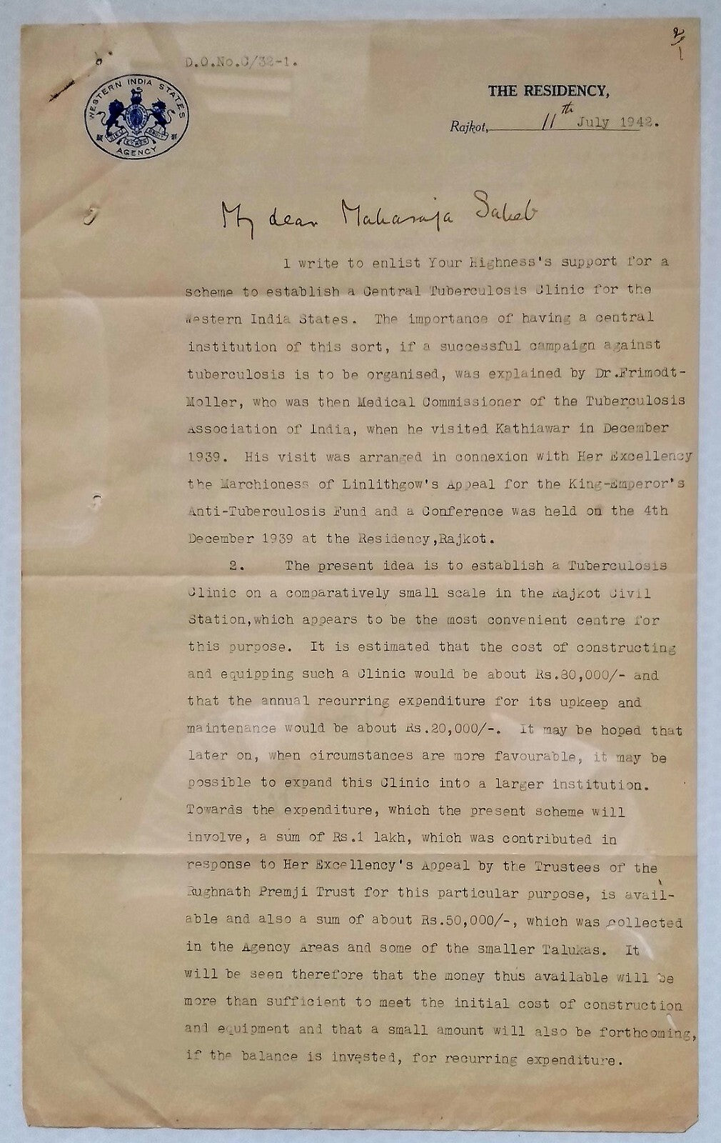 India 1945 Western India States Agency  crested Tuberculosis letter sd Gibson