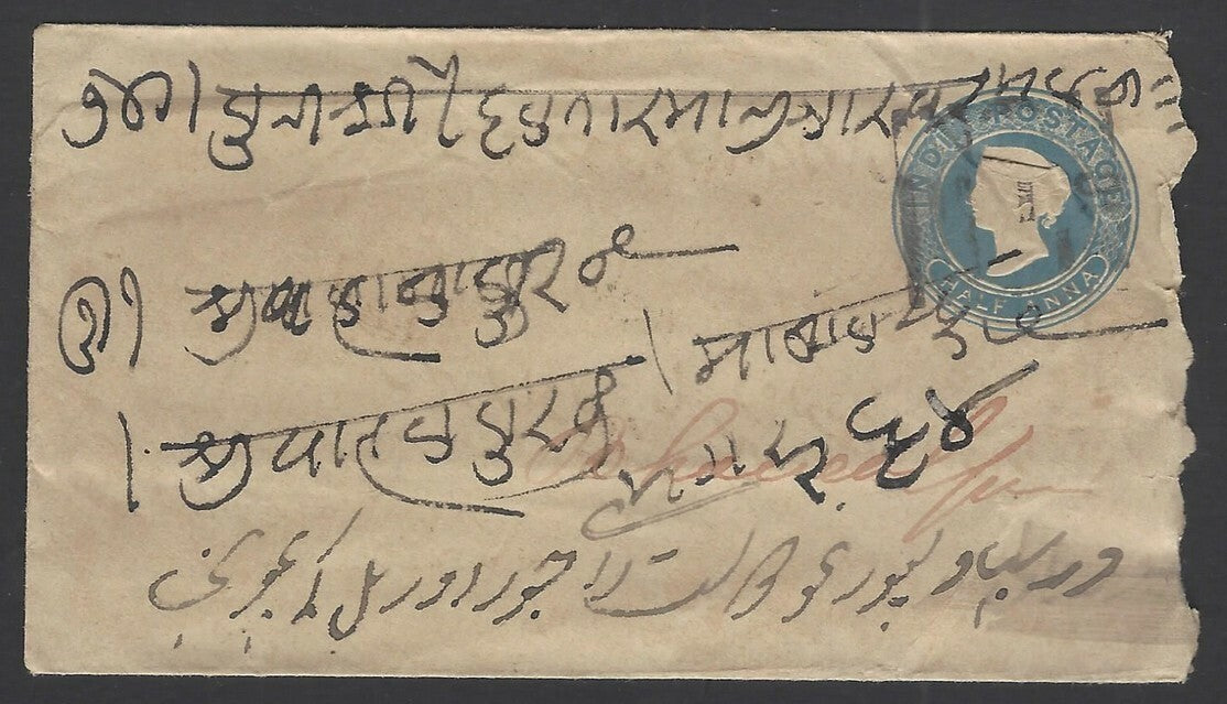 India QV 1/2a blue envelope Bahawalpur to Jodhpur canc L in bars