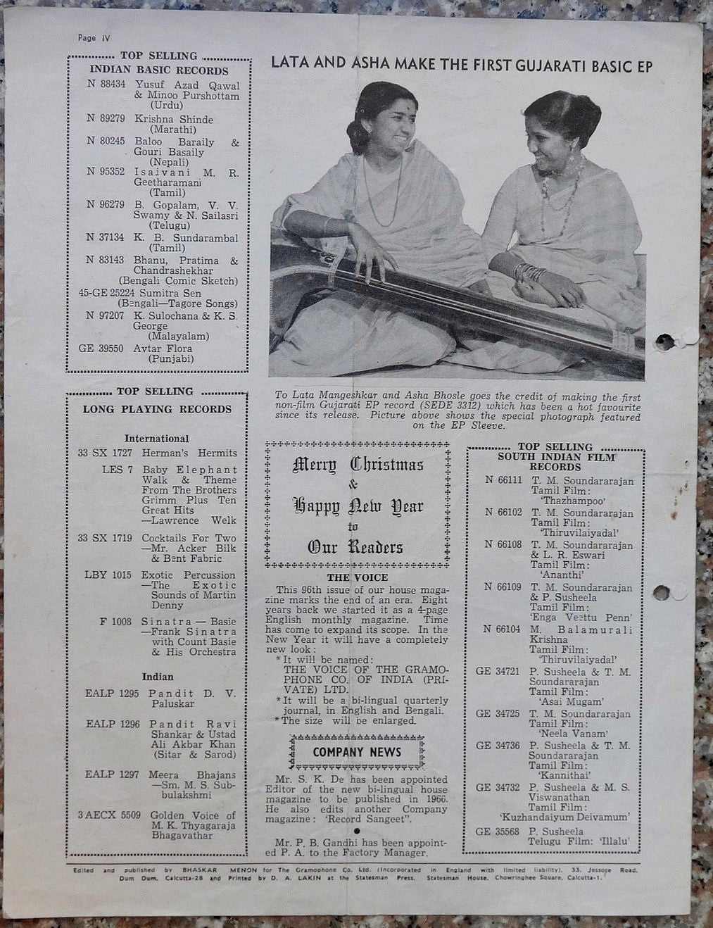 India THE VOICE December 1965 HMV Magazine - Lata Mangeshkar & Asha Bhosle