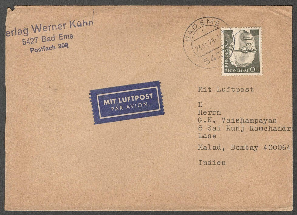 AOP Germany 1972 110pf single franking on cover to India. Mi. 727 EF