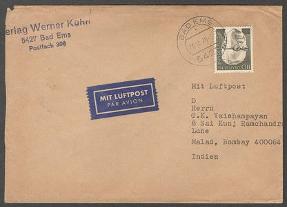 AOP Germany 1972 110pf single franking on cover to India. Mi. 727 EF