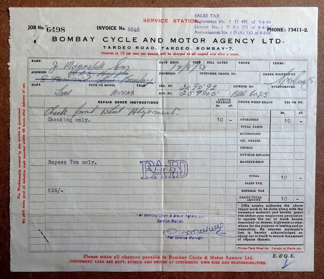 India 1957 Bombay Cycle & Motor Agency Billhead & Receipt (3)