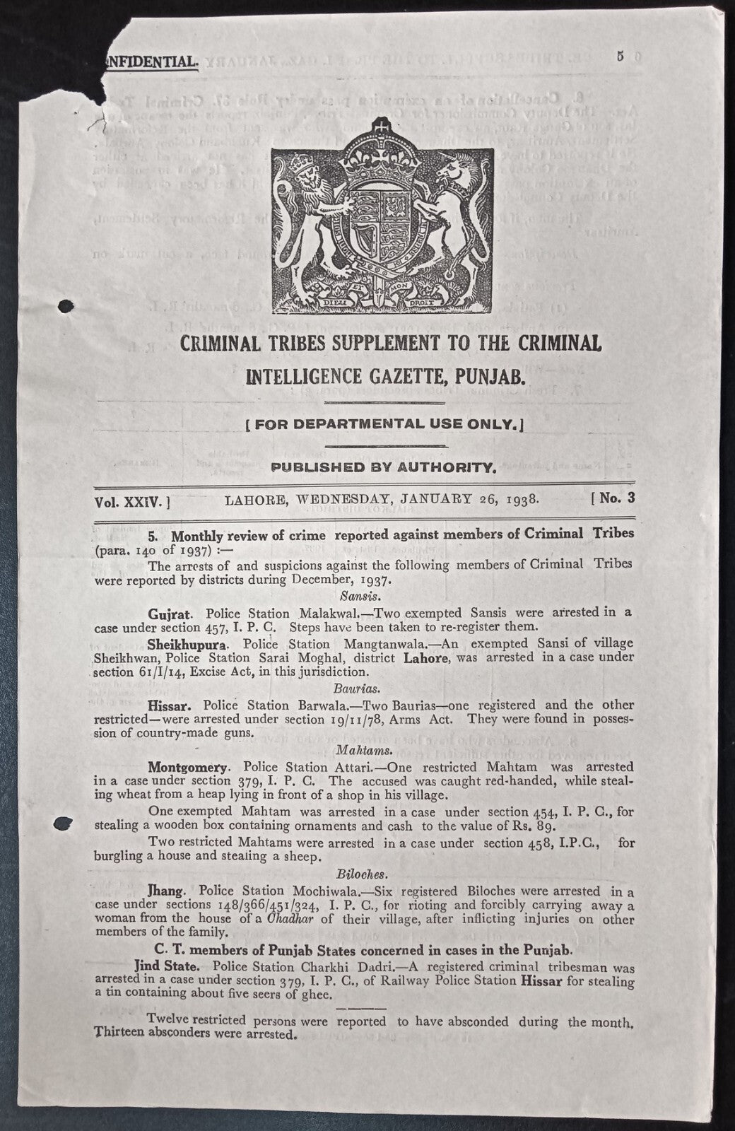 India 1938 CRIMINAL INTELLEGENCE GAZETTE, PUNJAB - CRIMINAL TRIBES SUPPLEMENT