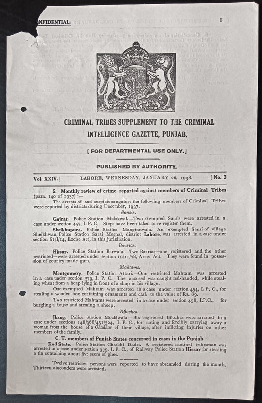 India 1938 CRIMINAL INTELLEGENCE GAZETTE, PUNJAB - CRIMINAL TRIBES SUPPLEMENT