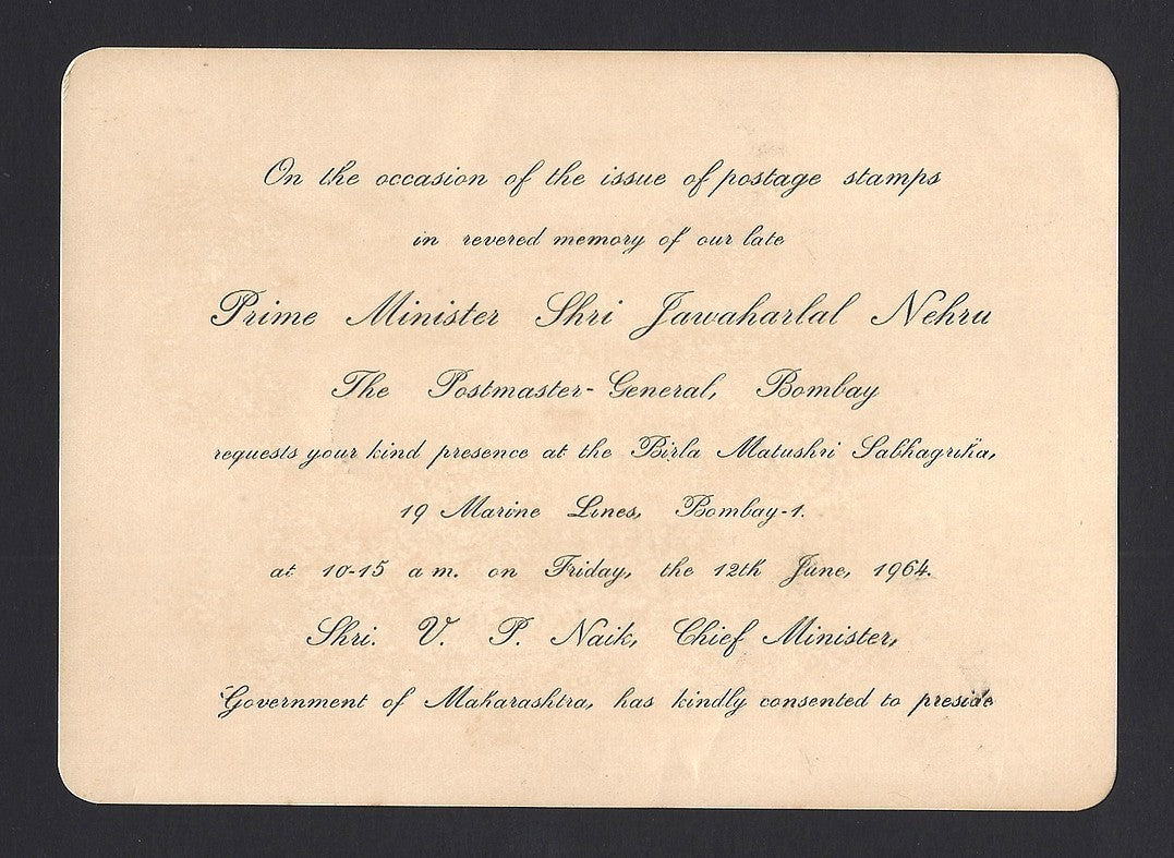India 1964 Invitation for the release of the Nehru Memorial stamp