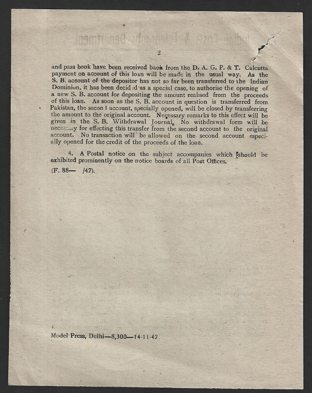 India POSTAL NOTICE No. 42 14th Nov. 1947 Repayment of 3 1/2 % loan + CIRCULAR