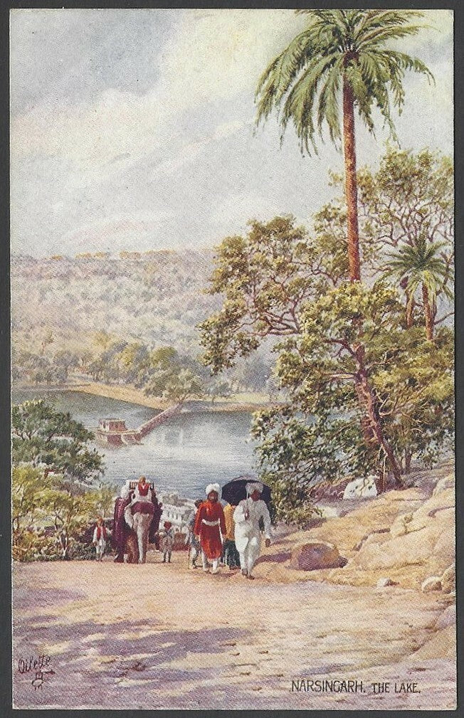 India vintage oilette colour postcard The Lake Narsingarh