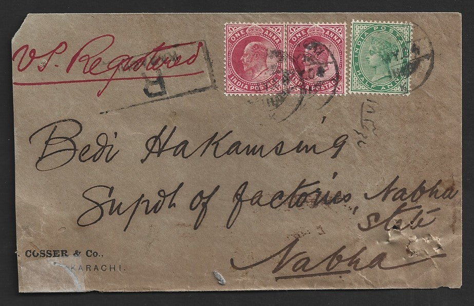 India 1904 mixed reign registered VPP (Value Payable) cover to Nabha