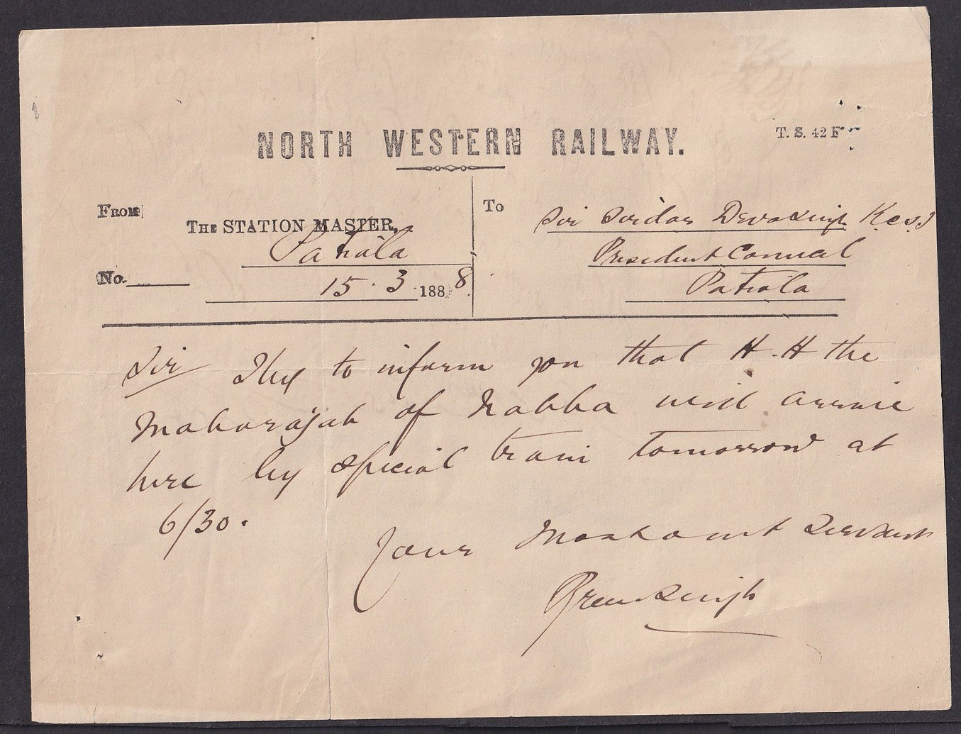 India 1888 NORTH WESTERN RAILWAY telegram about Maharaja of Nabha's visit