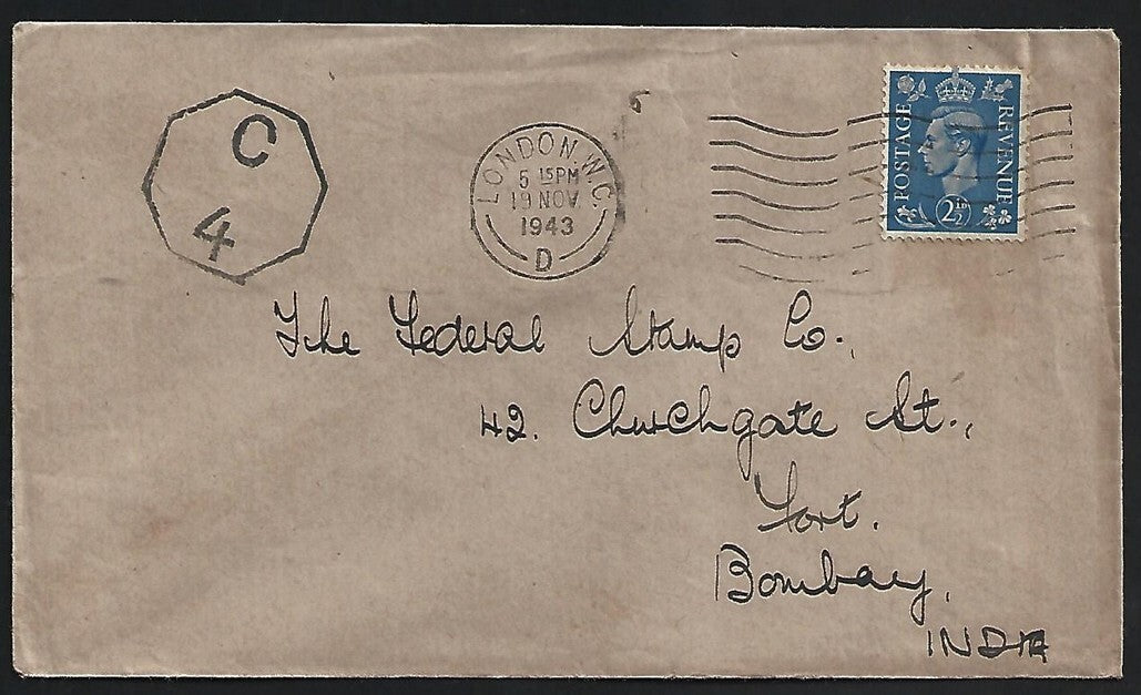 GB WW2 1943 censored cover London W.C. to Bombay, India