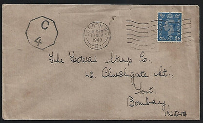 GB WW2 1943 censored cover London W.C. to Bombay, India