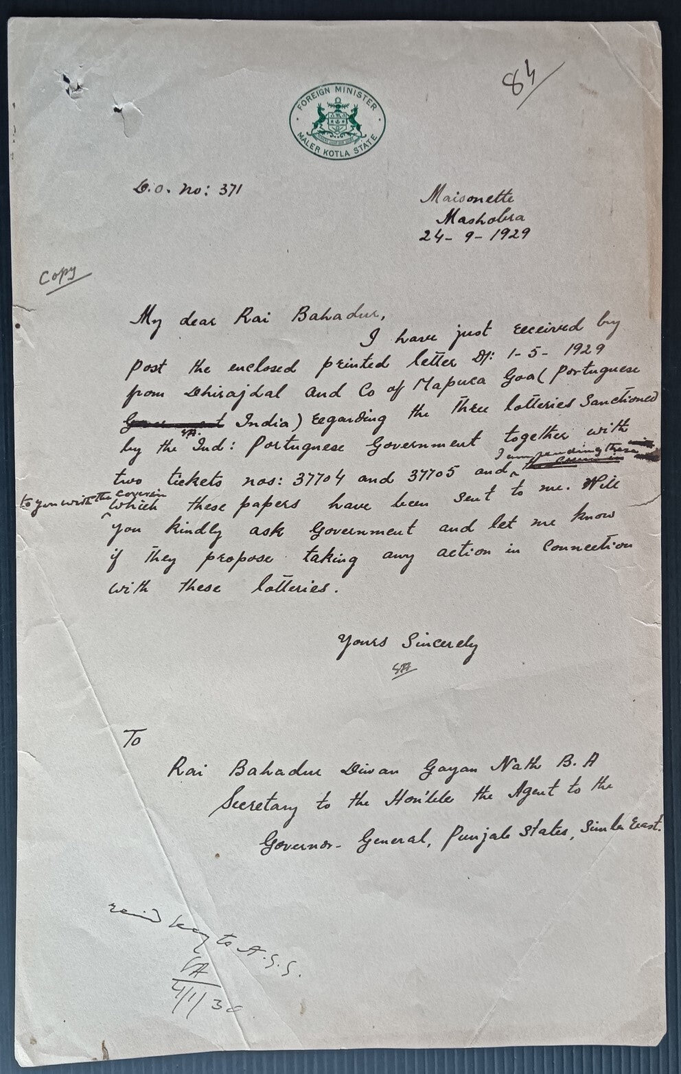 India Maler Kotla State Foreign Minister 1929 letter Portuguese India lotteries