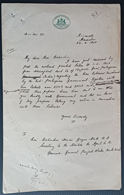 India Maler Kotla State Foreign Minister 1929 letter Portuguese India lotteries