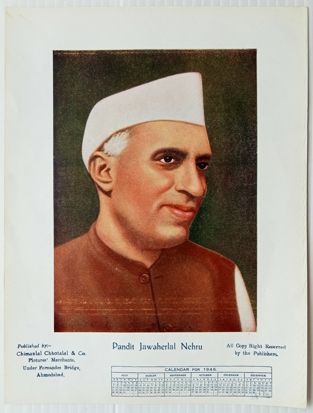 AOP India 1946 Calendar poster Pandit Jawaharlal Nehru 7.5 x 9.5 inches