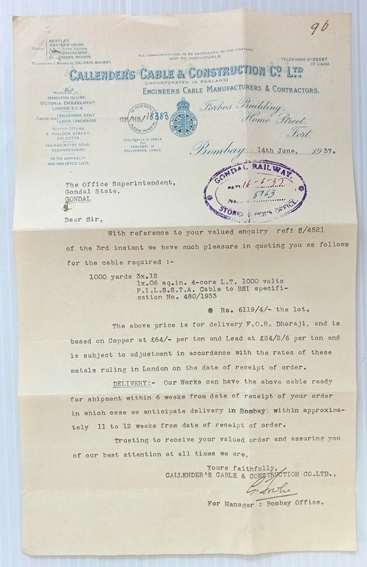 AOP Callendre's Cable & Construction Bombay 1937 illustrated letterhead India