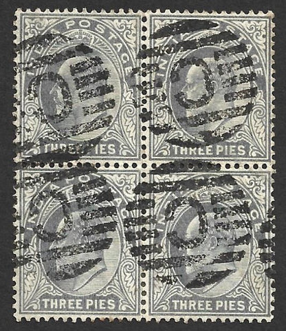 India KEdVII 3p block of 4 canc. "C" in bars
