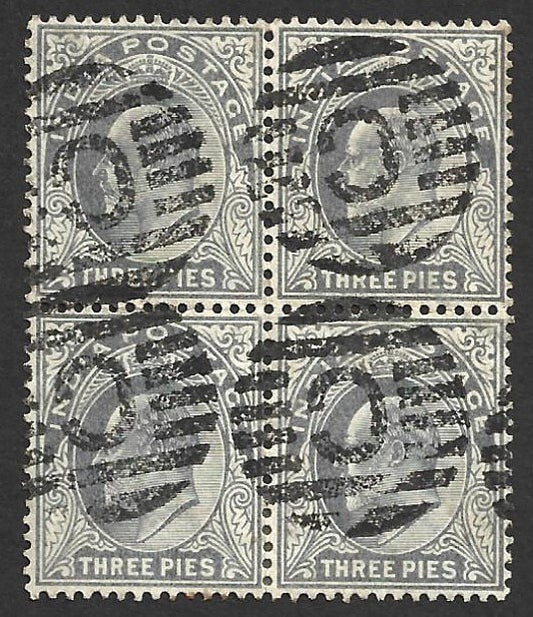 India KEdVII 3p block of 4 canc. "C" in bars