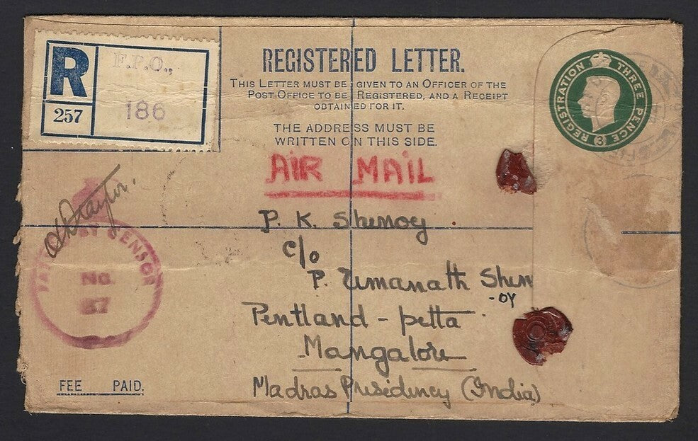 GB KGVI Military registered envelope used FPO 186 to India