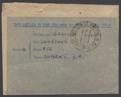 AOP India WW2 IAFF H.M. FORCES air letter with GG/3 censor to UK 1945