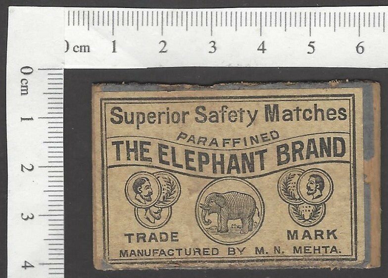 India vintage litho matchbox label The Elephant Brand by M.N. Mehta