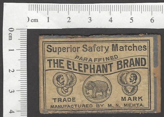 India vintage litho matchbox label The Elephant Brand by M.N. Mehta