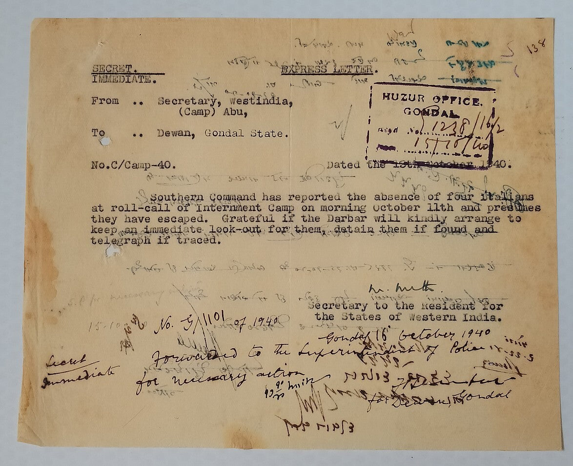 AOP India WW2 1940 Official letter ESCAPE OF ITALIAN PRISONERS OF WAR