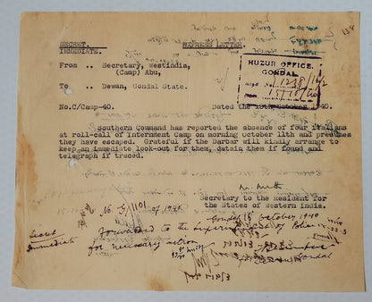AOP India WW2 1940 Official letter ESCAPE OF ITALIAN PRISONERS OF WAR