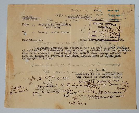 AOP India WW2 1940 Official letter ESCAPE OF ITALIAN PRISONERS OF WAR
