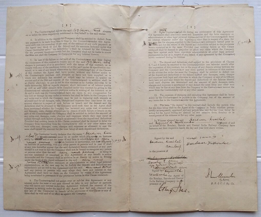 India 1913 BB&CI Railway Agreement with  Rajputana Malwa Railway