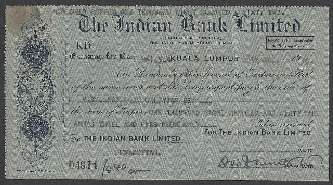 Malaya The Indian Bank Ltd. Kuala Lumpur 1948 cheque check