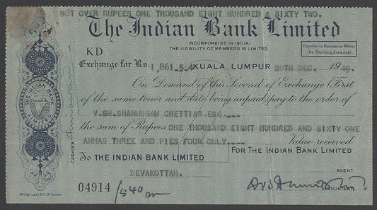 Malaya The Indian Bank Ltd. Kuala Lumpur 1948 cheque check