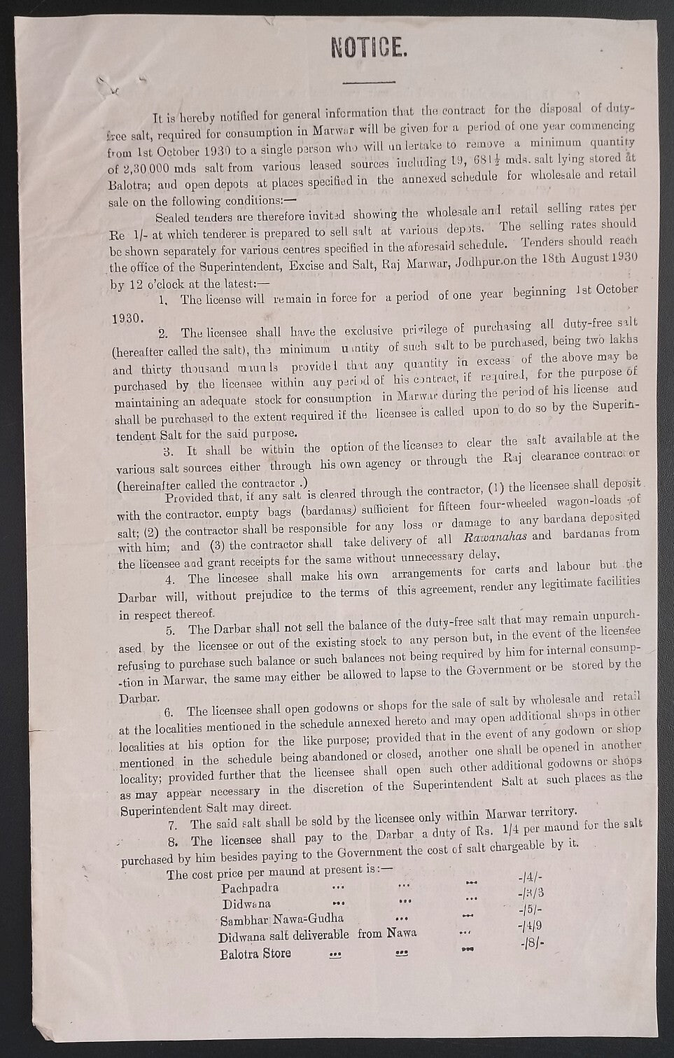 India 1930 NOTICE about the auction of a Salt Licence