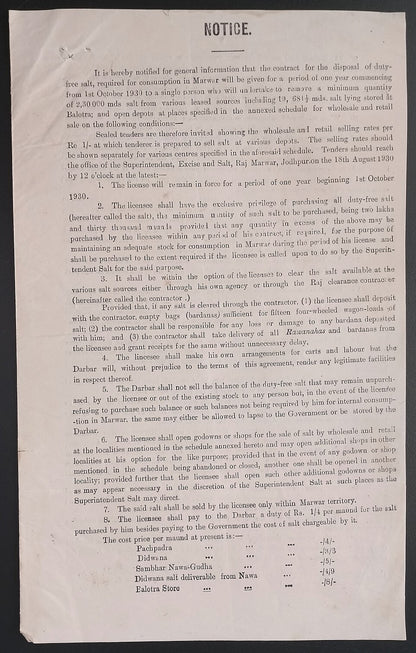 India 1930 NOTICE about the auction of a Salt Licence