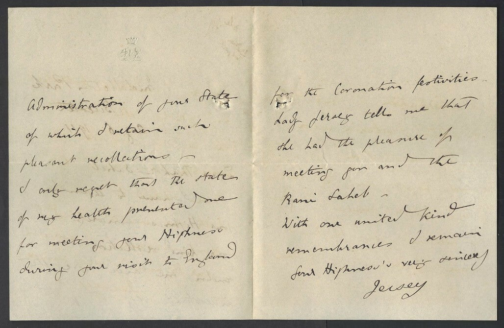 India 1911 letter signed Earl of Jersey Governor of South Wales