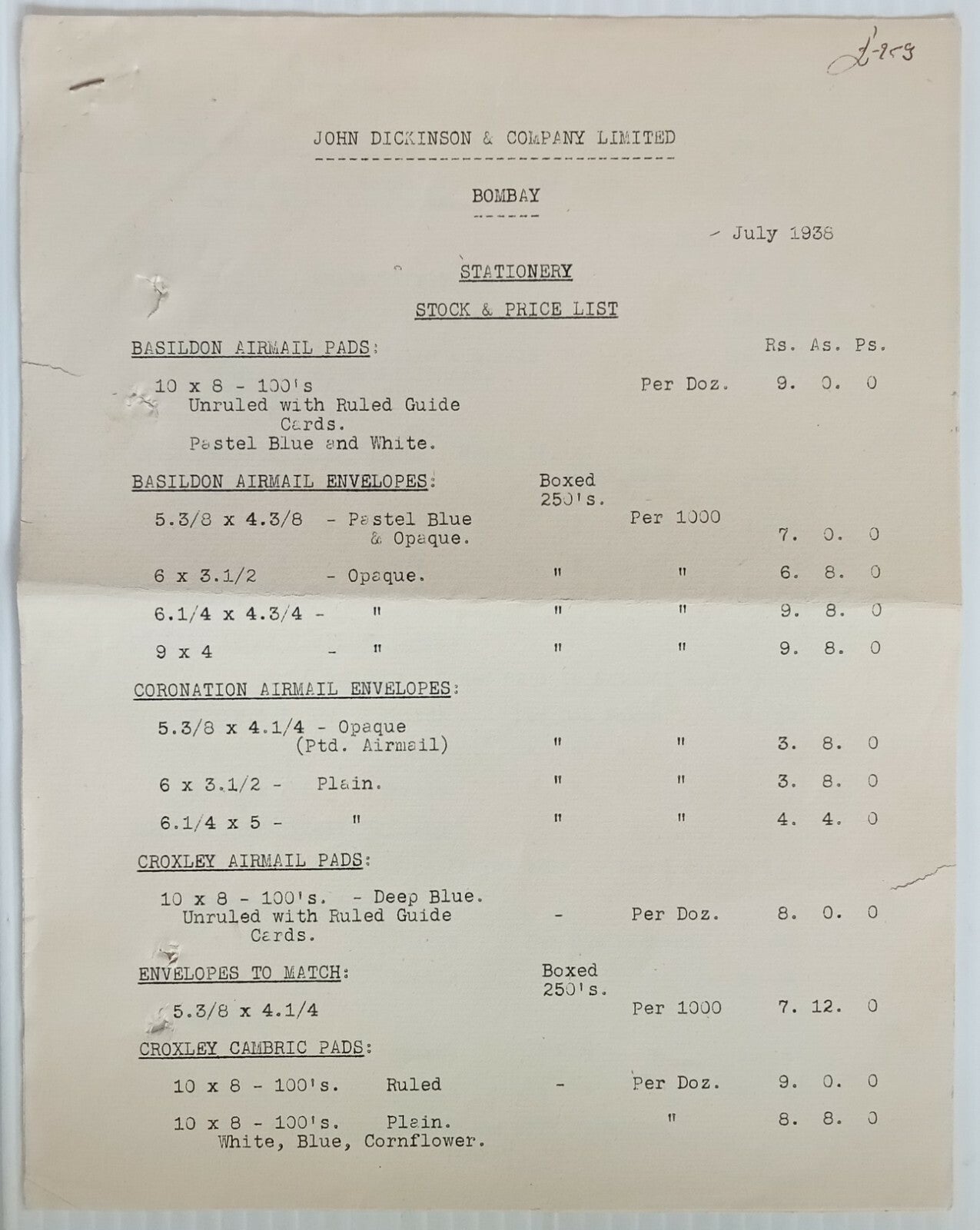 AOP 1938 India John Dickinson & Co. Bombay Paper Stock & Price List