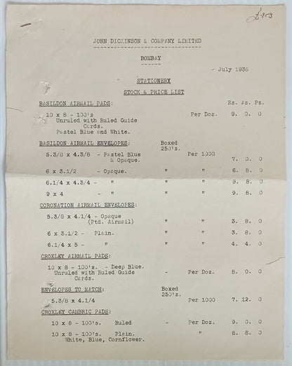 AOP 1938 India John Dickinson & Co. Bombay Paper Stock & Price List