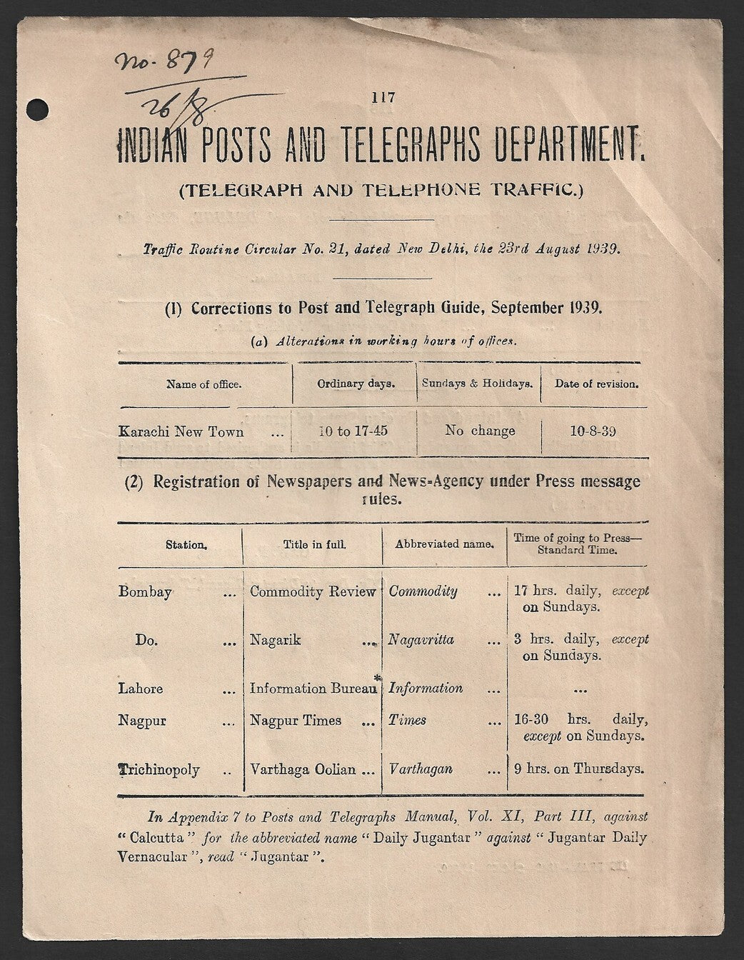India 1939 POSTAL NOTICE Correction to Post and Telegraph Guide Sept 1939 #21