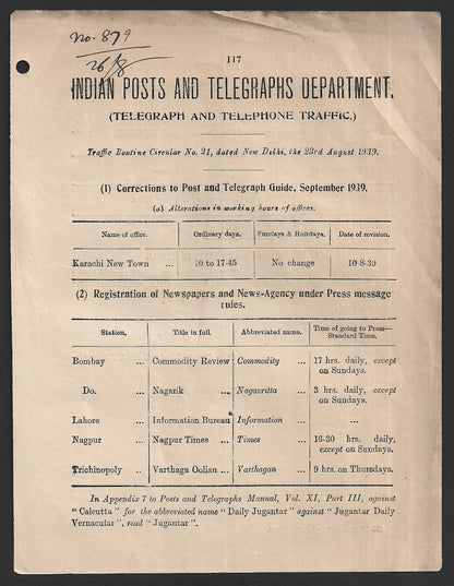India 1939 POSTAL NOTICE Correction to Post and Telegraph Guide Sept 1939 #21