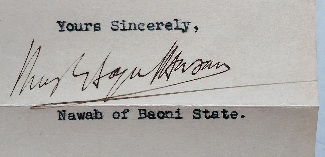 BAONI India 1942 crested letter signed Nawab Sayyid Md Mushtaq ul-Hasan Khan