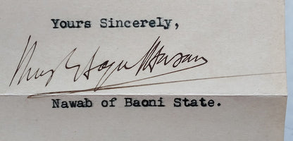 BAONI India 1942 crested letter signed Nawab Sayyid Md Mushtaq ul-Hasan Khan