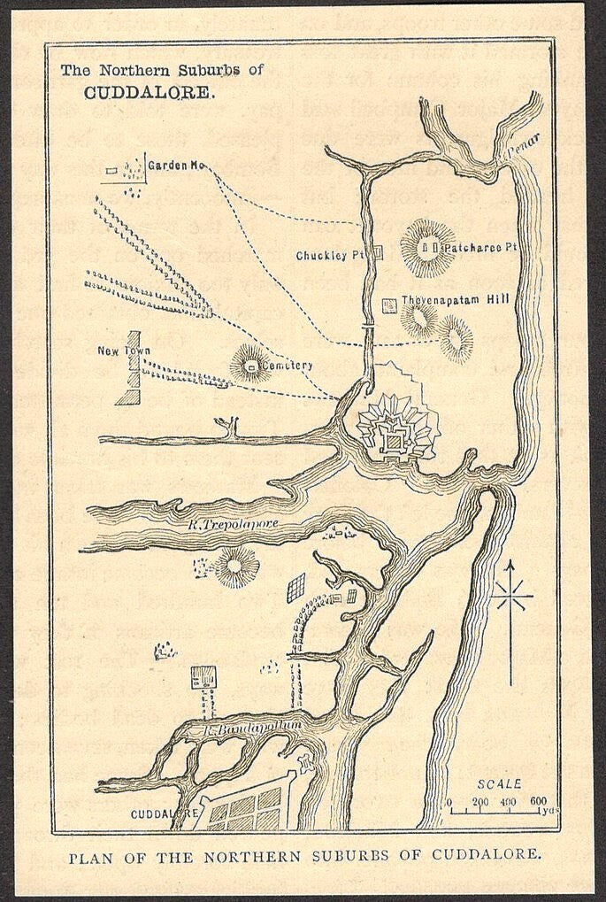 India NORTHERN SUBURBS OF CUDDALORE (MAP) engraved print - Rousslet 1876 5"x3"