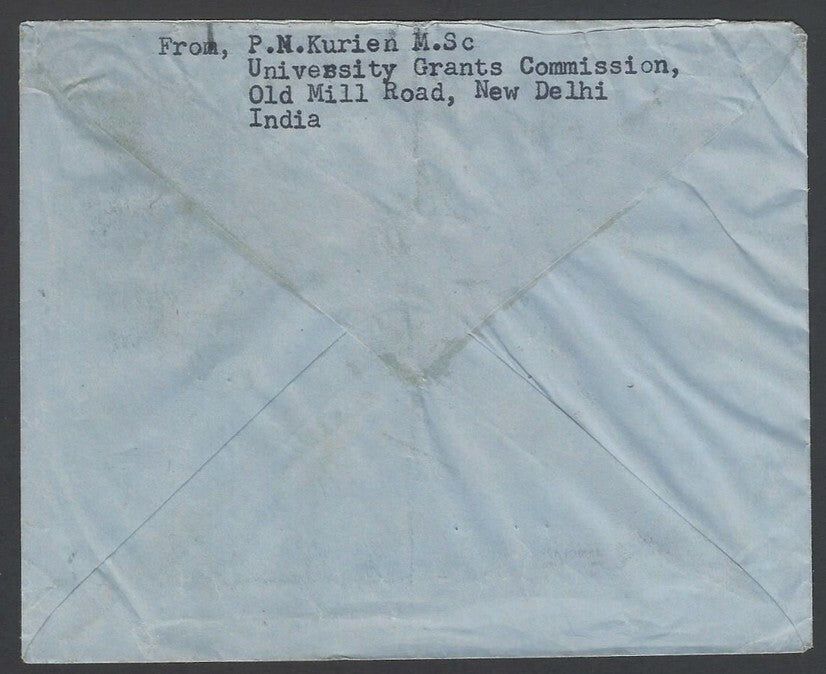India 90np blue aimail envelope used uprated MAPS used 1959 to USA Rs. 3.03 rate
