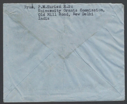 India 90np blue aimail envelope used uprated MAPS used 1959 to USA Rs. 3.03 rate